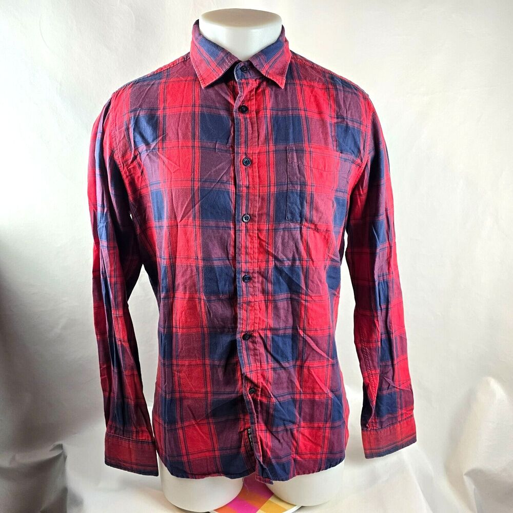 Ecko Unltd Shirt Mens Medium Red Blue Button Up Scotch Plaid Long Sleeve Casual